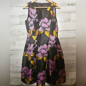 Tahari Womens Black Floral Dress Purple and Gold Size 6 Midi Puff Tank Dress